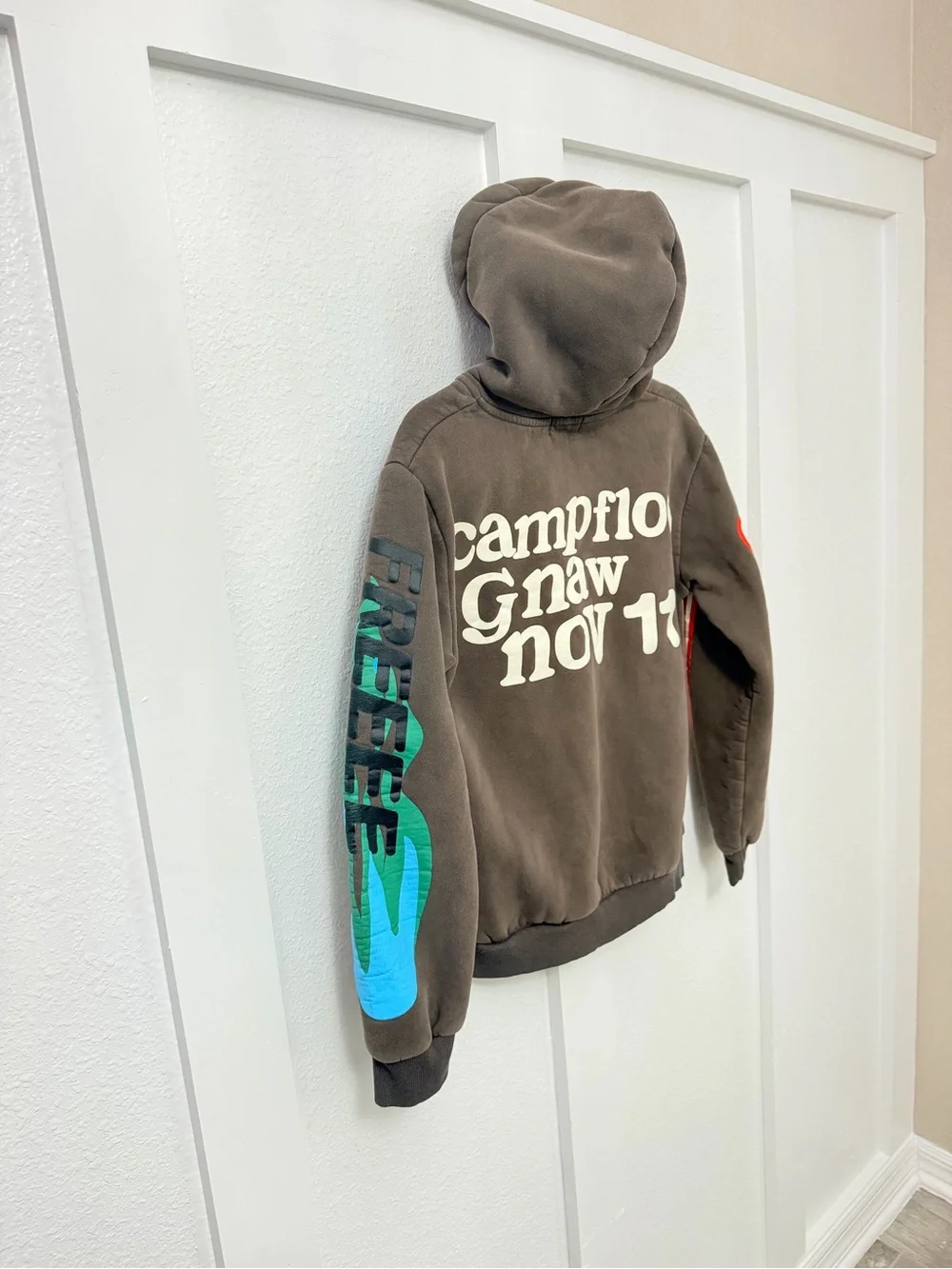 Cactus Plant Flea Market Black Hoodie with Pink Heart and Green Flame Sleeves